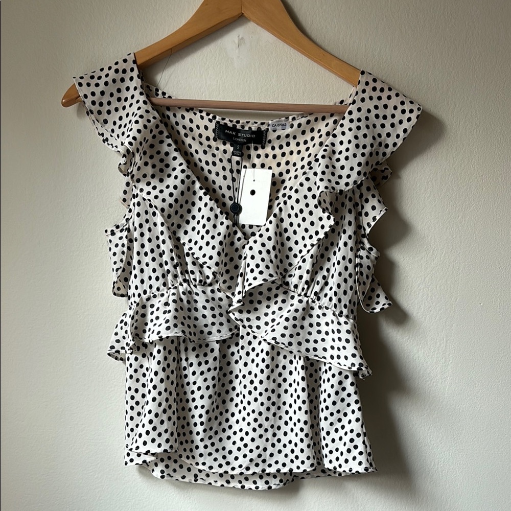 Max Studio White and Black Ruffled Tiered Blouse